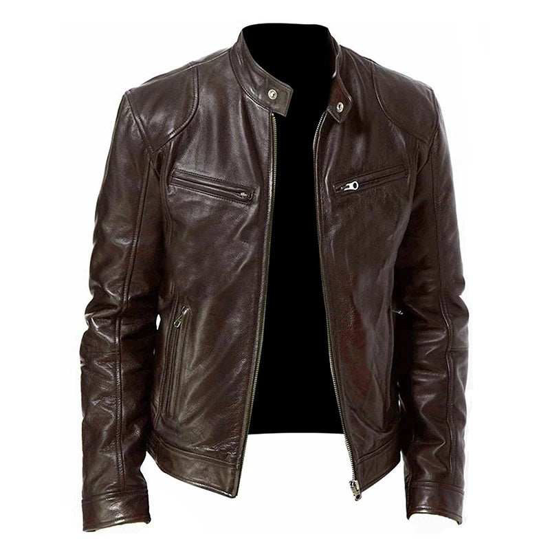 Men's Faux Leather Biker Jacket – Stand Collar Zip Front