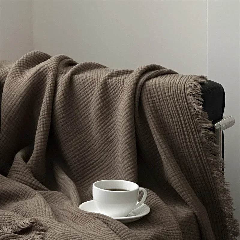100% Cotton Tassel Blanket – Skin-Friendly Plaid Sofa Throw & Bed Shawl, Solid Color