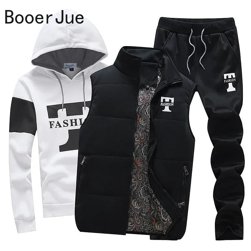 Men's 3-Piece Winter Tracksuit – Hoodie, Vest & Pants Thick Warm Set