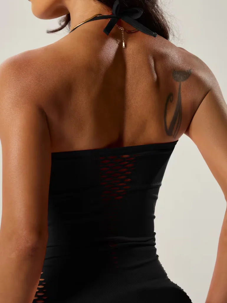 Women's Halter Neck Cut-Out Fishnet Bodycon Dress – Sexy Lingerie Evening Nightgown