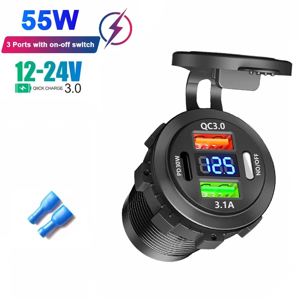 Car USB Charger with Voltmeter – PD3.0 & QC3.0 Fast Charging Socket for Motorcycle, Boat & Auto (12/24V)