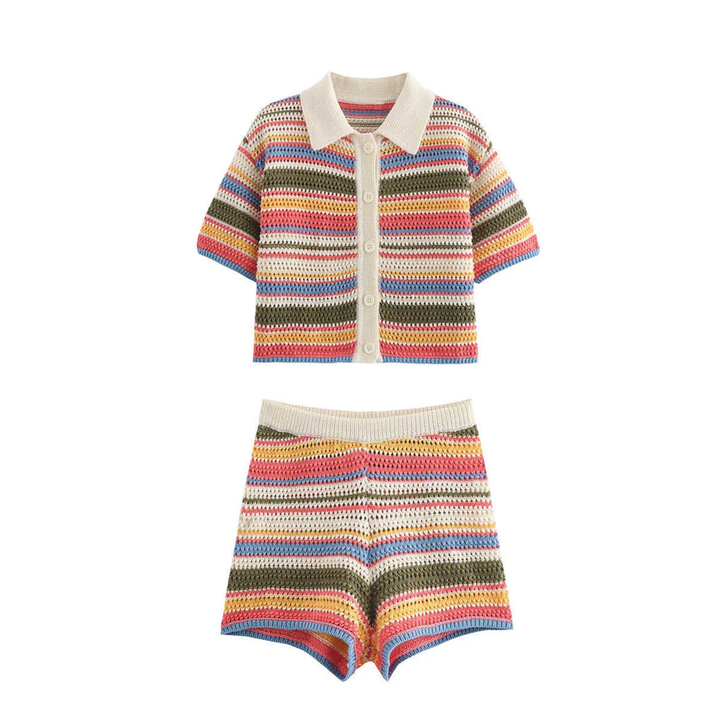 Women's Y2K Crochet Knit Crop Sweater & Shorts Set – Polo Collar Striped Patchwork Hollow Out