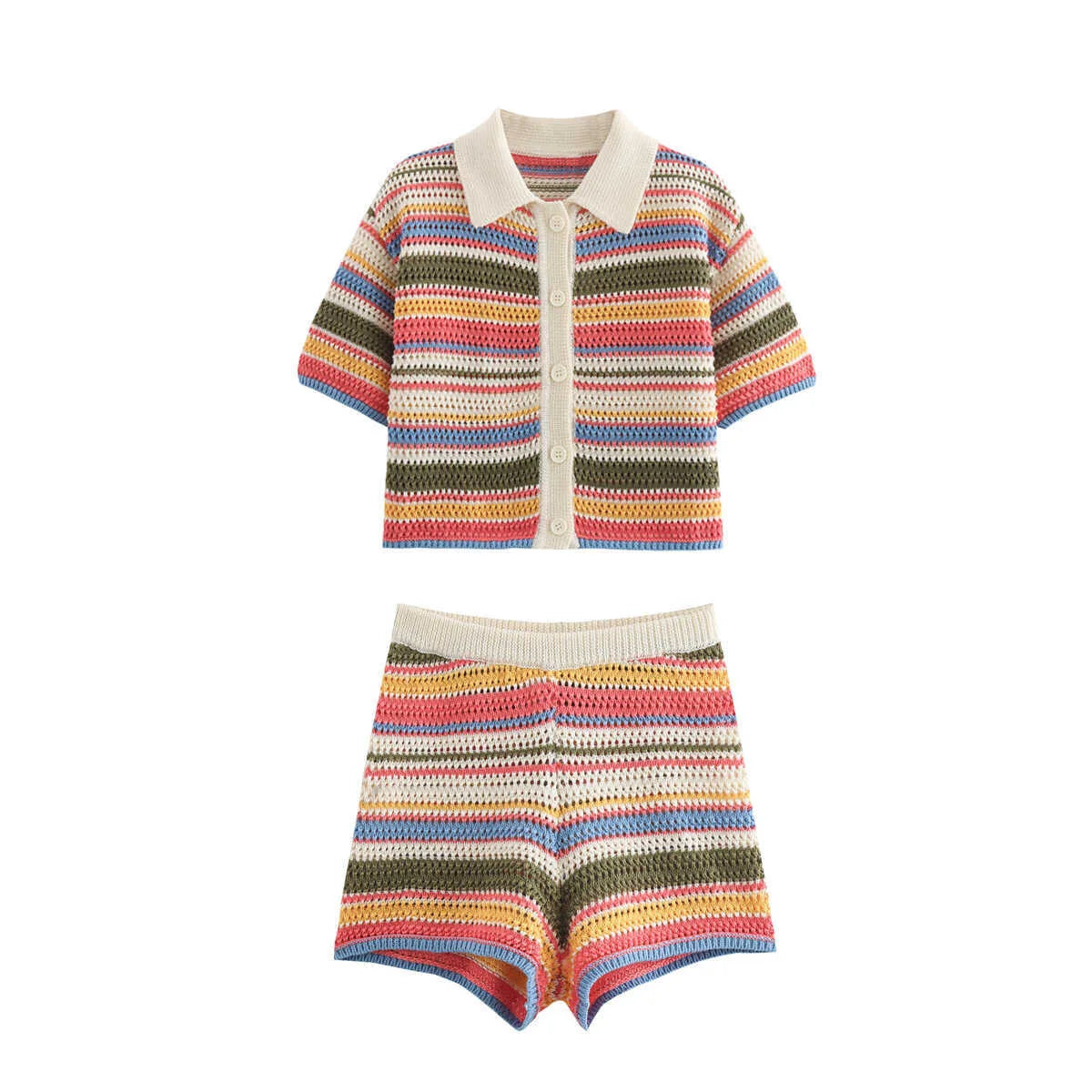 Women's Y2K Crochet Knit Crop Sweater & Shorts Set – Polo Collar Striped Patchwork Hollow Out