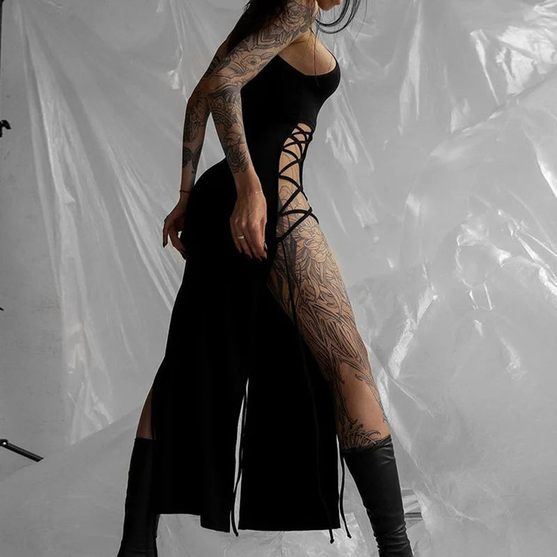 Gothic Halter Bandage Midi Dress — High Split Sexy Alt Partywear
