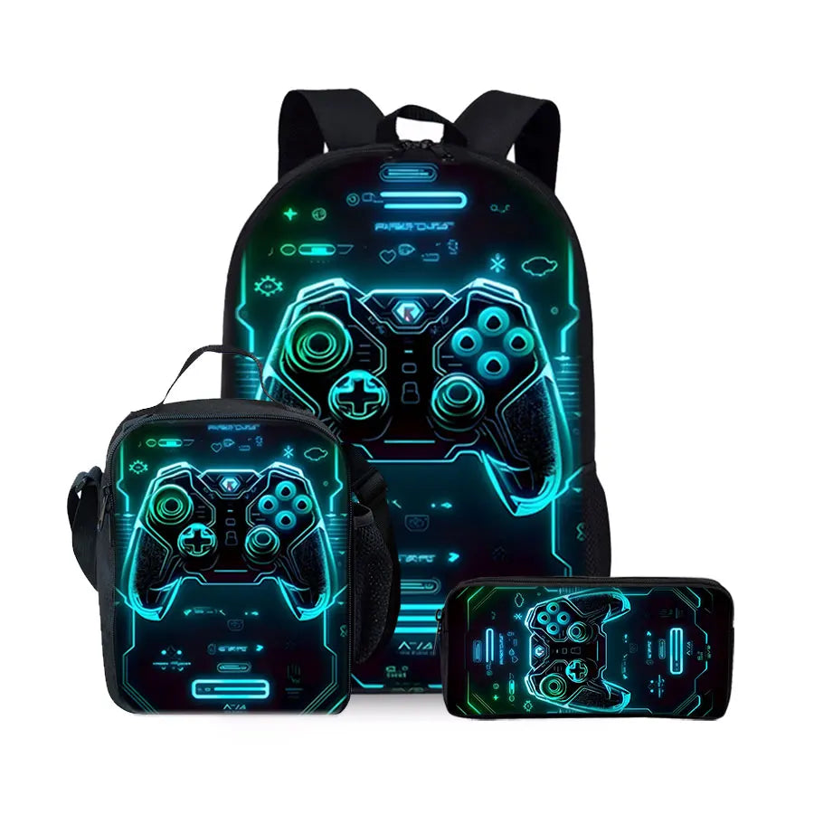 Game Console 3-Piece Kids Backpack Set – School Bag, Lunch Bag & Pencil Case