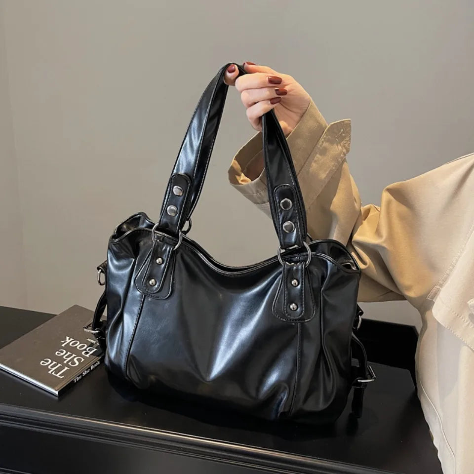 Retro Luxury PU Leather Tote Bag – Large Capacity Solid Color Crossbody Shoulder Bag for Women