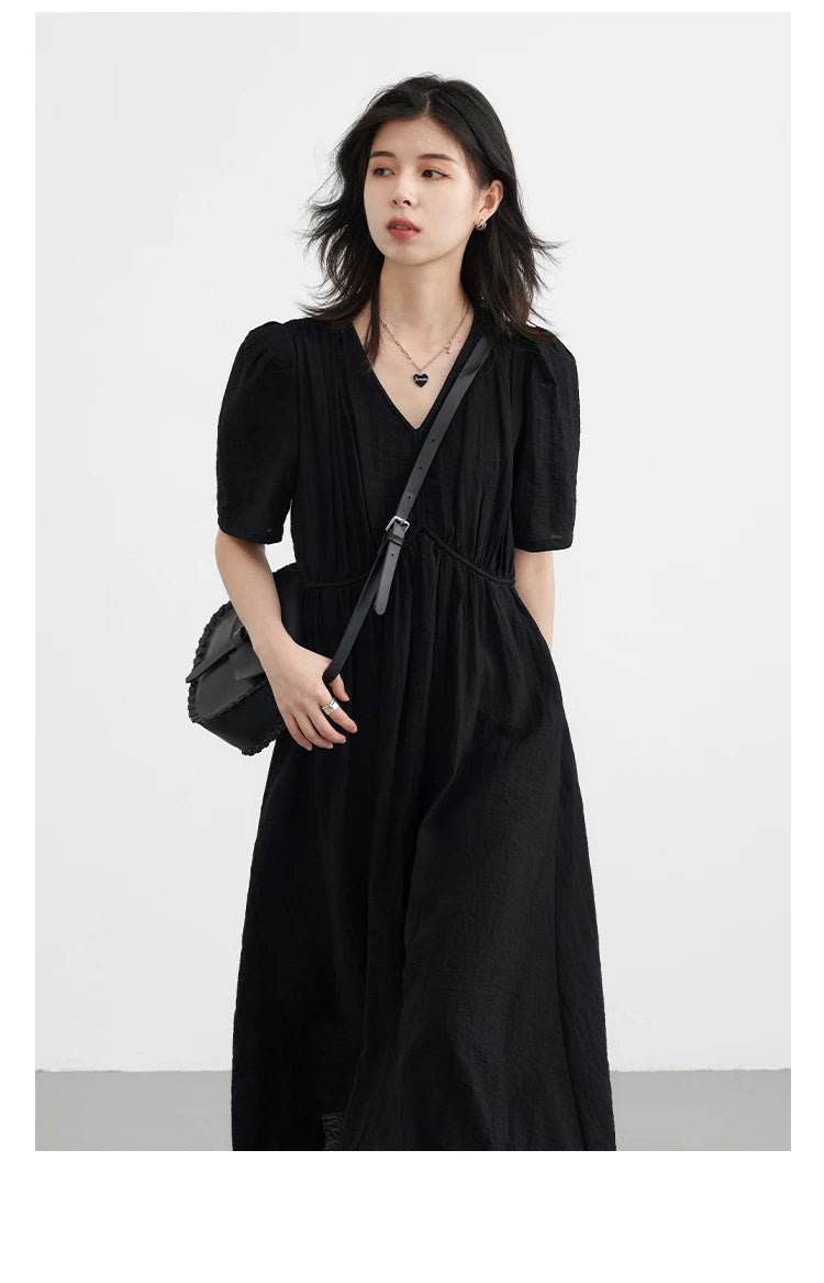 CHIC VEN Women Dresses French Style Vintage V-neck Puff Sleeve Long Dress Solid Black Loose Female Clothing Summer New 2023