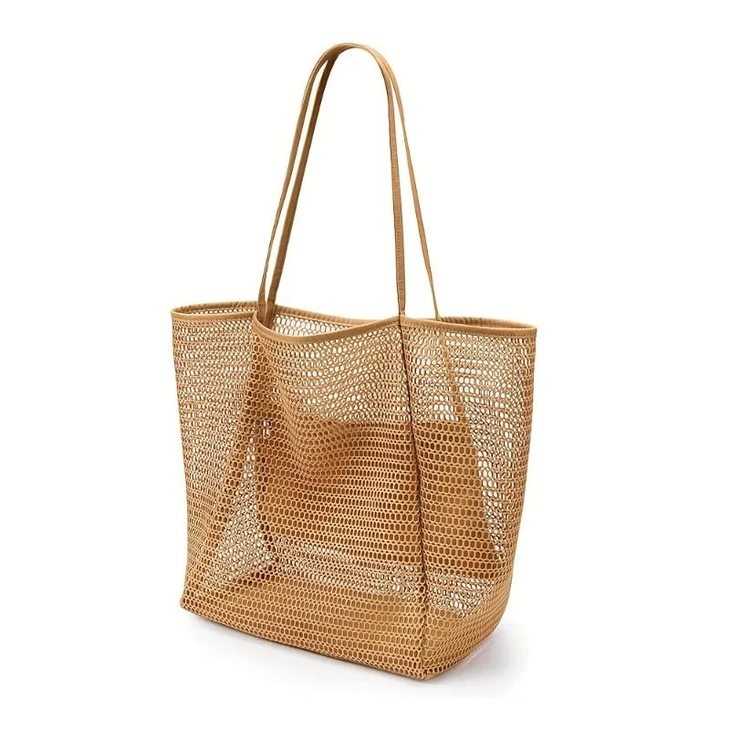 Women's Large Capacity Beach Tote Bag – Durable Polyester Woven Shoulder Bag for Travel & Shopping