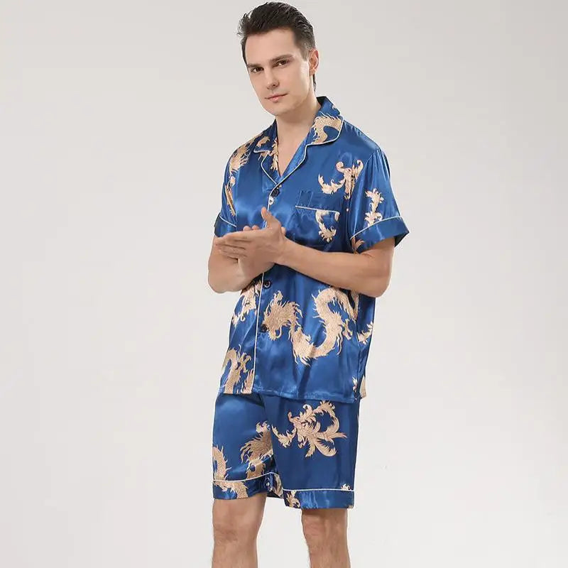 Men's Dragon Print Satin Pajama Set — Lapel Shirt & Shorts