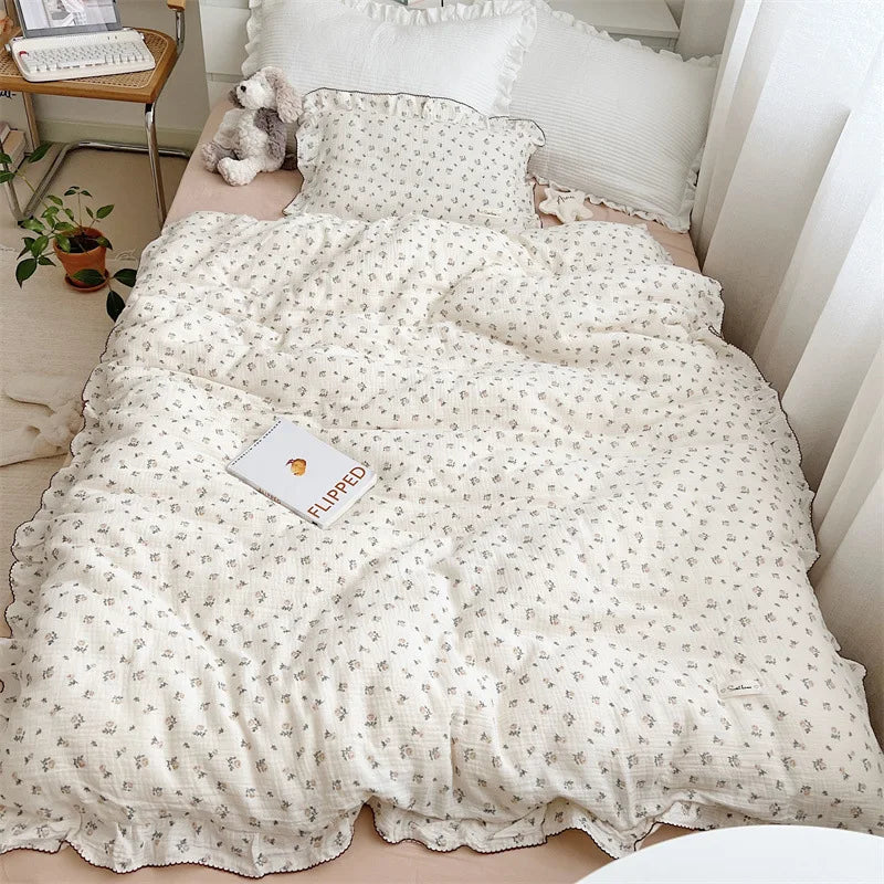Princess Ruffle Bedding Set – 100% Cotton Gauze Duvet Cover with Pillowcases, Floral, 3-Piece