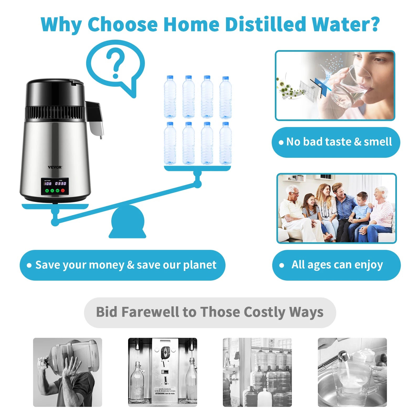 SucceBuy 4L Water Distiller Purifier Filter — Touch Screen, 5-Stage Filtration, 1L/H Distilling Speed