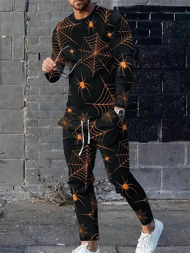 Men's Retro Quilted Print Long Sleeve T-Shirt & Pants Set – Casual Street Sport 2-Piece