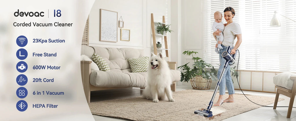 INSE I8 Corded Stick Vacuum Cleaner — 25KPa 600W 6-in-1 Lightweight Handheld for Carpet & Pet Hair, Free-Stand Design