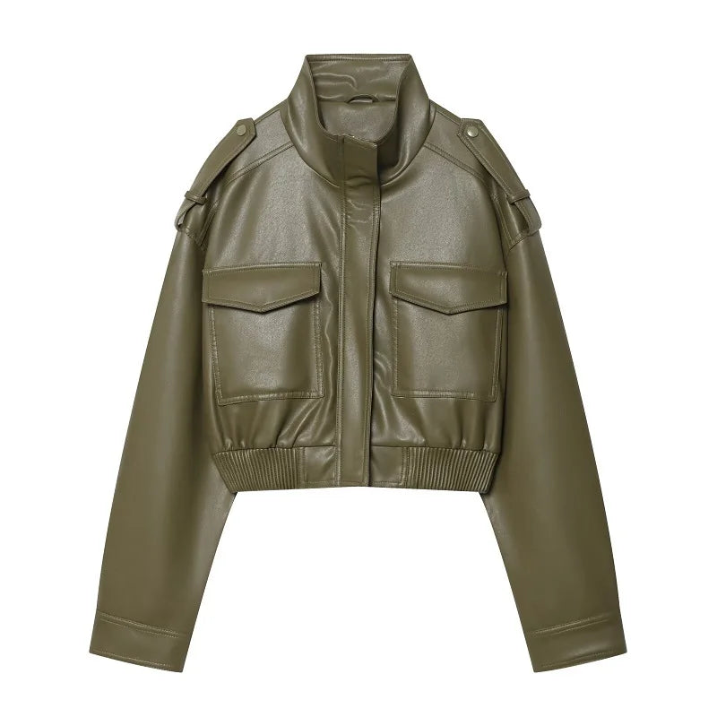 Women's Faux Leather Cropped Bomber Jacket – Zip-Up Moto Biker Coat