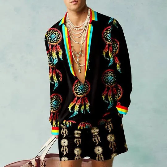 Men's Hawaiian Print Shirt & Drawstring Shorts Beach Vacation Set