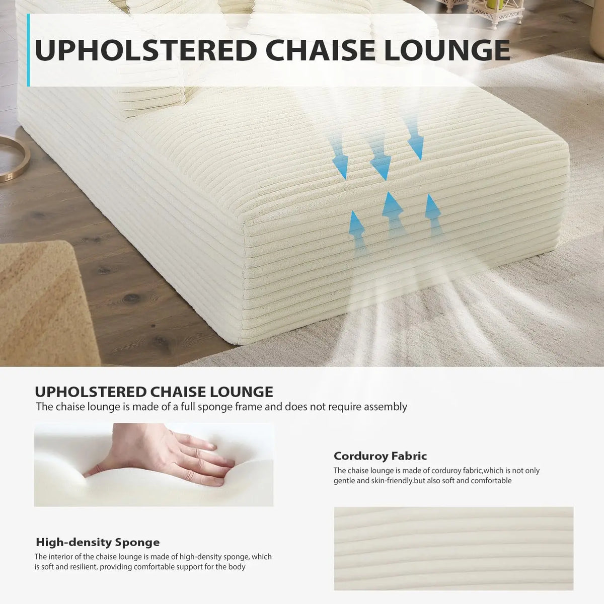 50-Inch Beige Corduroy Sleeper Chaise Lounge