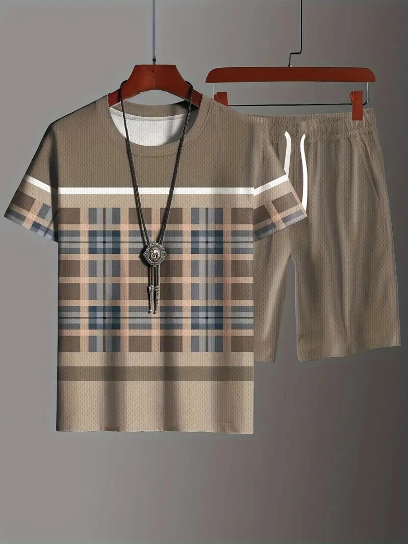 Men's Plaid Print Polo Shirt & Drawstring Shorts Summer Set – 3D Style 2-Piece
