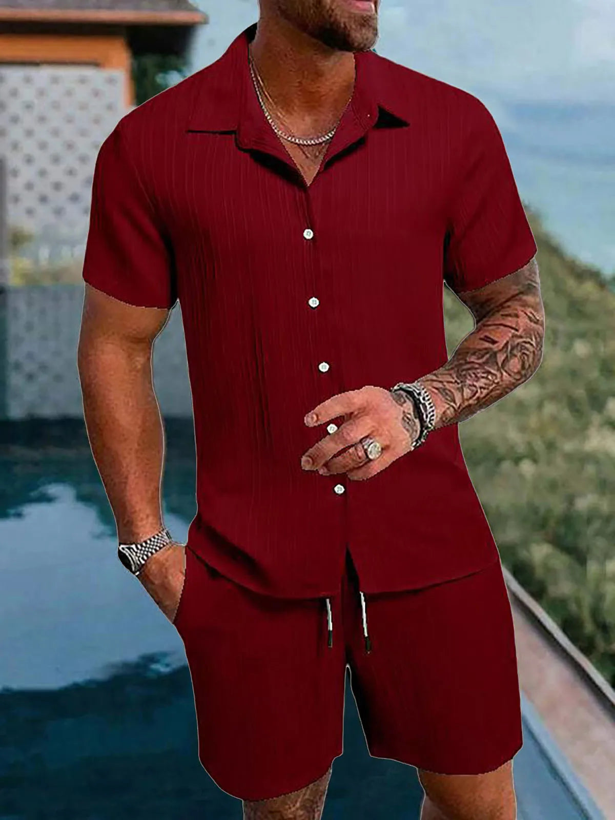 Men's Striped Polo Cardigan & Drawstring Shorts Sports Suit – Solid Color 2-Piece