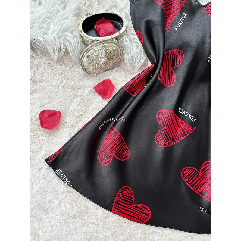 Red Lip Print Satin Slip Nightdress — V-Neck Backless Mini Sleep Dress