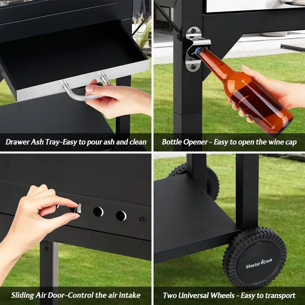 Dual-Side Table Charcoal Grill | 332 Sq. In. Cooking Area, Built-In Thermometer, 360° Wheels, Removable Ash Collector, Outdoor BBQ Smoker