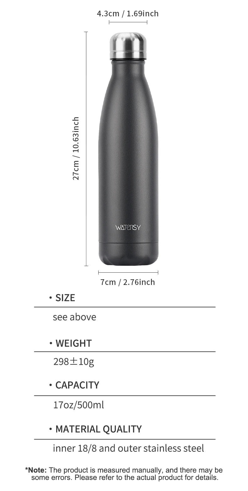 WATERSY 500ml Insulated Vacuum Flask – 304 Stainless Steel Double-Wall Thermal Water Bottle, 12–24hr, 18 Colors
