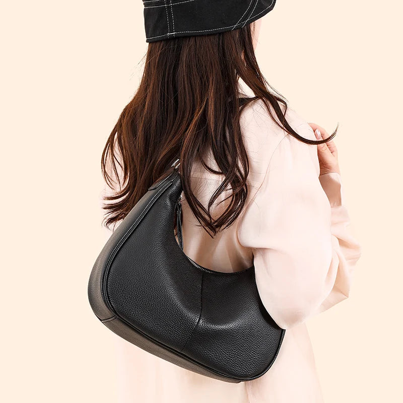 100% Genuine Cowhide Leather Half-Moon Underarm Tote Bag – Crossbody Shoulder Bag for Women