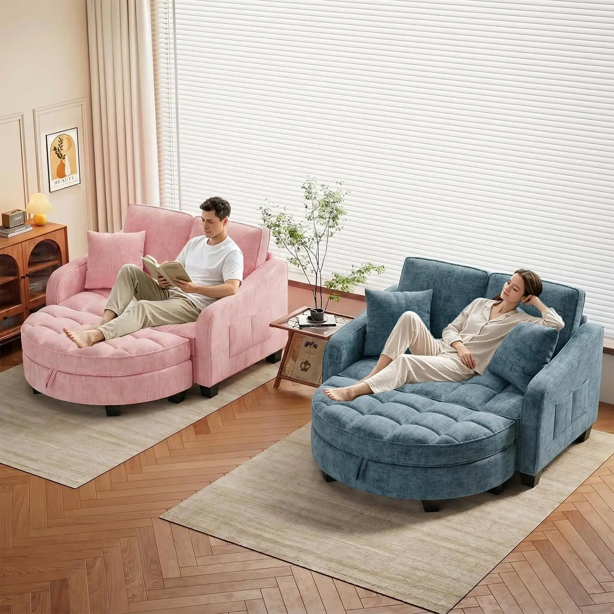 Chenille Reclining Chaise Lounge with Storage Ottoman