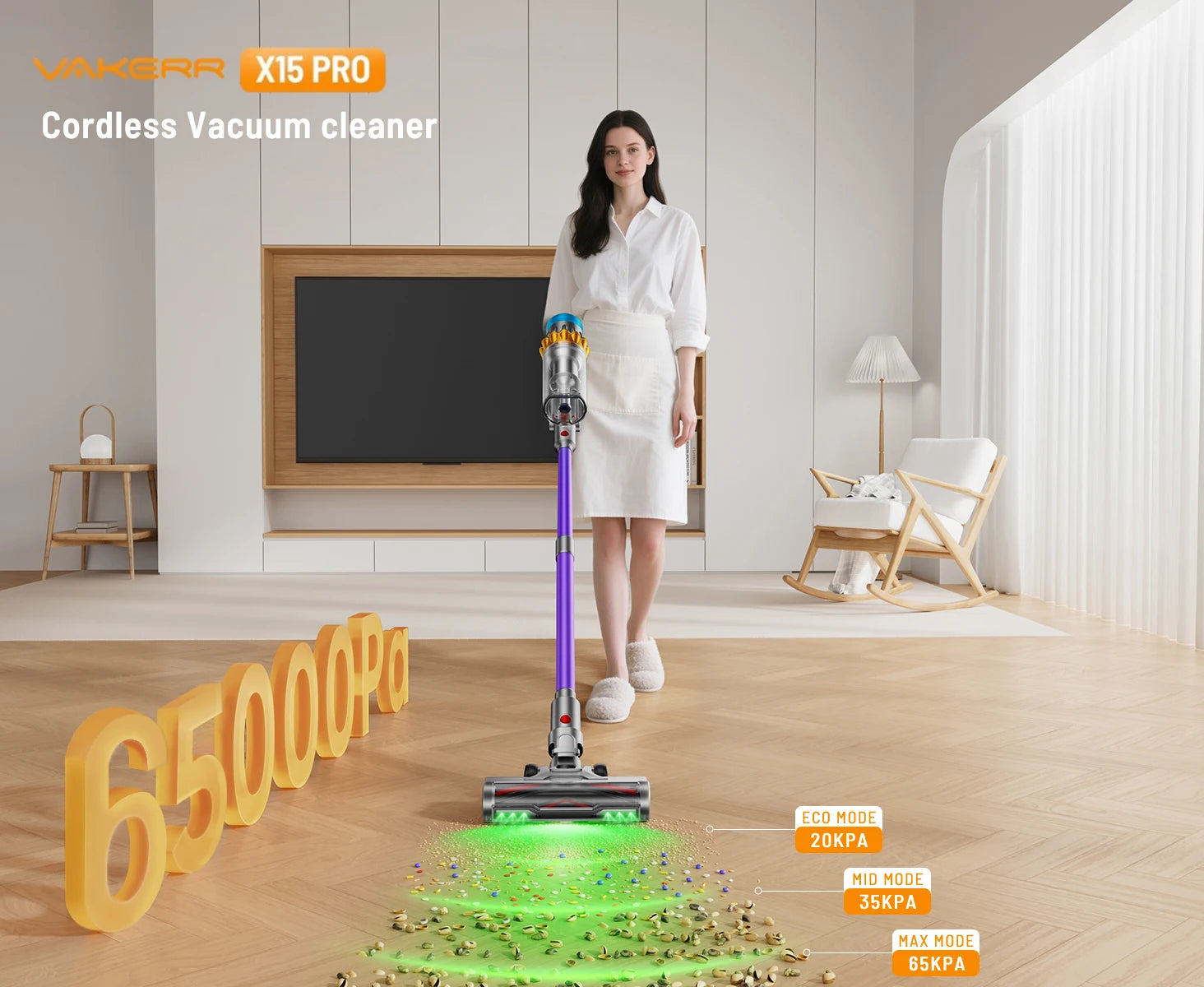 VAKERR X15 Pro Cordless Vacuum Cleaner — 650W 65KPa Strong Suction, 70-Min Runtime for Pet Hair & Carpet