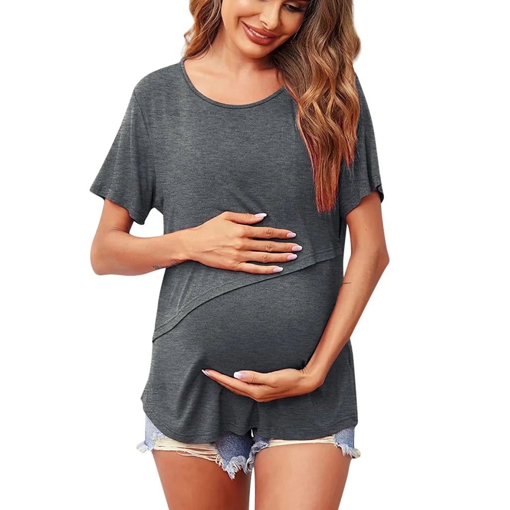 Women's Maternity Nursing Top – Short Sleeve Asymmetrical Flap Breastfeeding T-Shirt