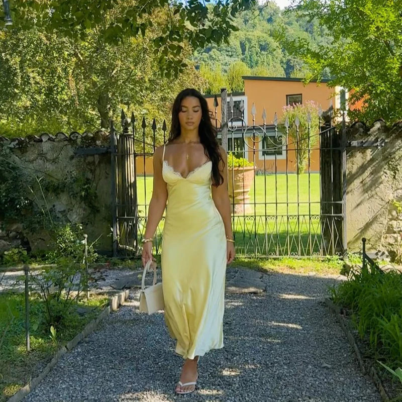 Butter Yellow Satin Bias Cut Lace Patchwork Midi Dress – V-Neck Backless Y2K Party Dress