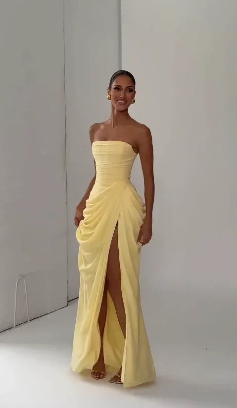 Elegant Yellow Strapless Pleated Maxi Gown — Waist-Cinching Split Evening Dress