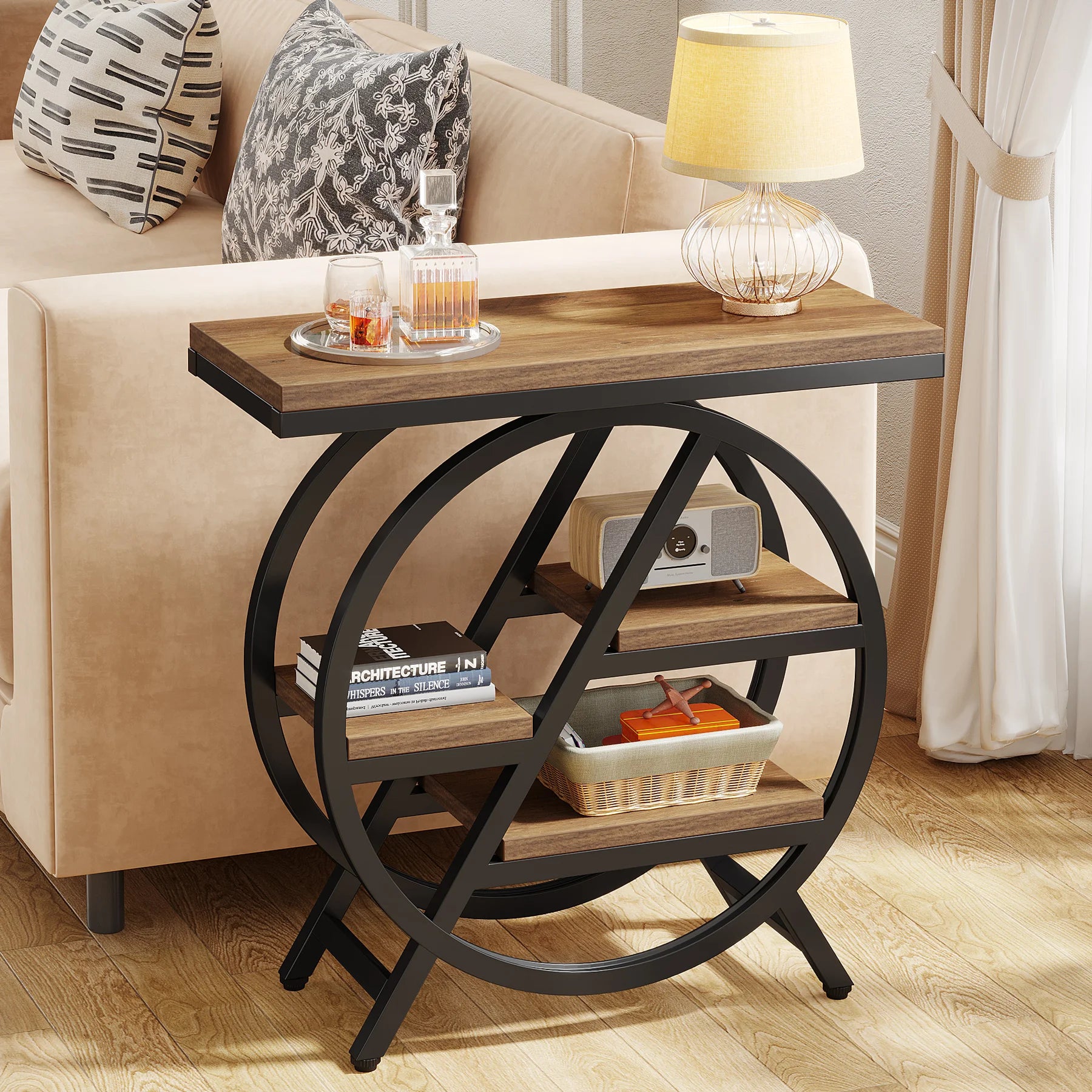 Tribesigns 3-Tier Narrow Side Table — Wood & Geometric Metal Frame