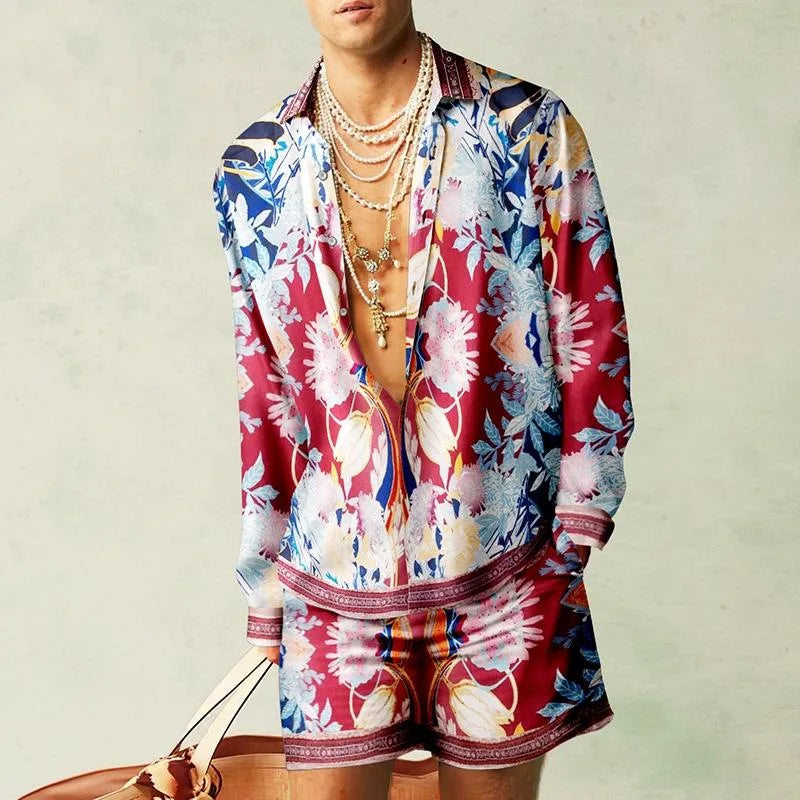 Men's Hawaiian Print Shirt & Drawstring Shorts Beach Vacation Set