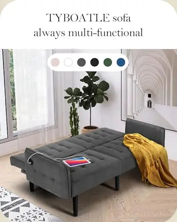 Sofa, Bed & Charging Station in One — TYBOATLE 65" Futon Sofa Bed | 2 USB Ports, Tufted Linen, Adjustable Loveseat for Small Spaces