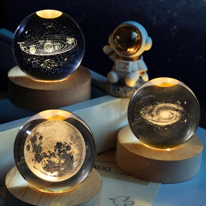 3D Crystal Ball Night Light — LED Galaxy Lamp (Saturn, Moon, Solar System) Birthday Gift