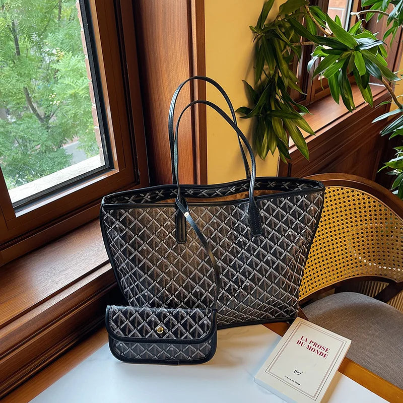 Embroidered Geometric PU Tote Shoulder Bag – Versatile Large Capacity Shopping Class Bag for Women