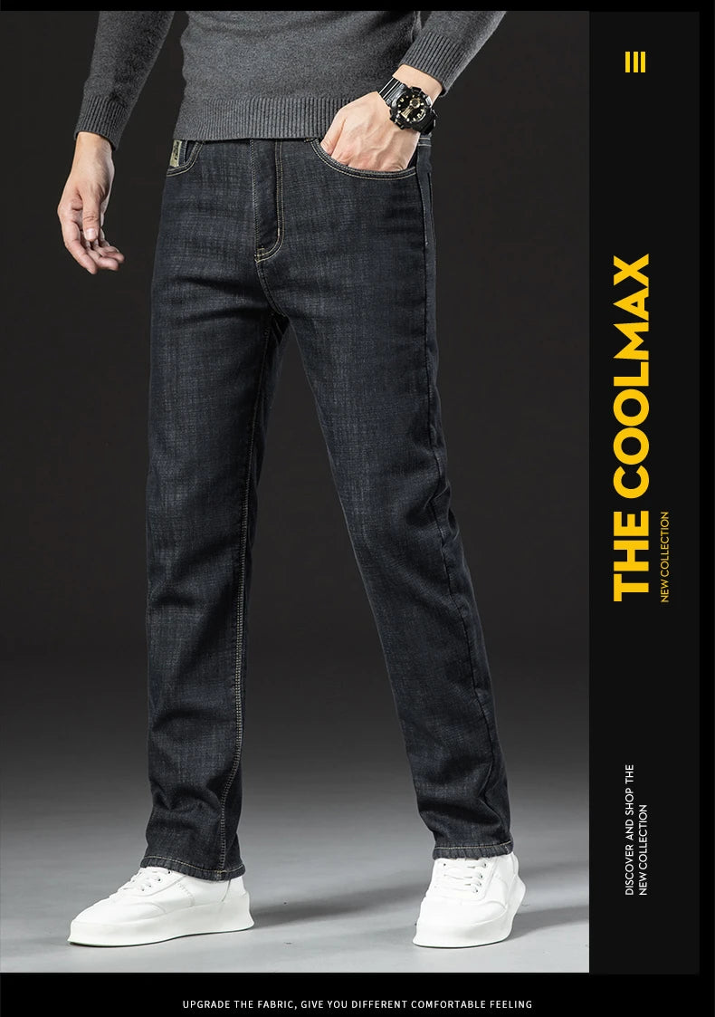 Men's Fleece-Lined Straight Denim Jeans — Warm Thick Winter Stretch Jeans
