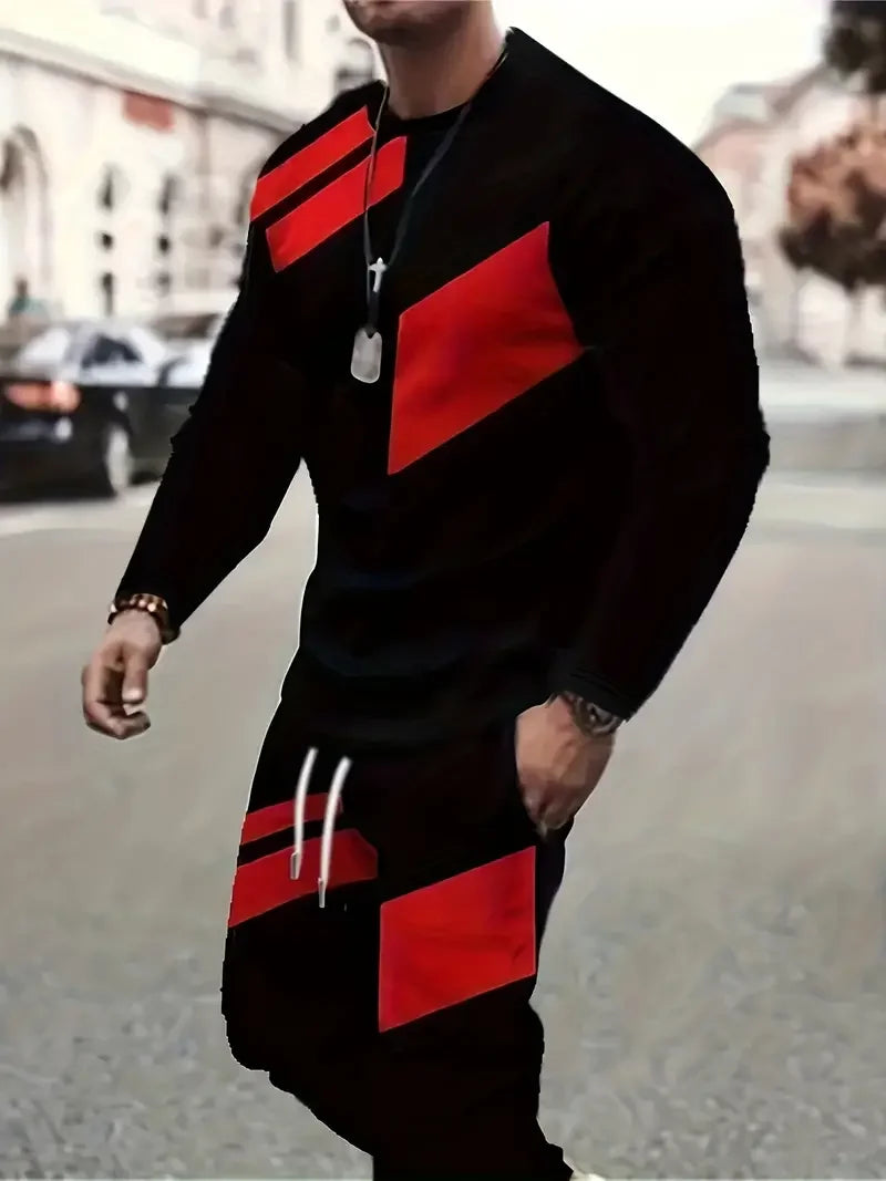 Men's 3D Print Long Sleeve T-Shirt & Jogger Pants Street Tracksuit