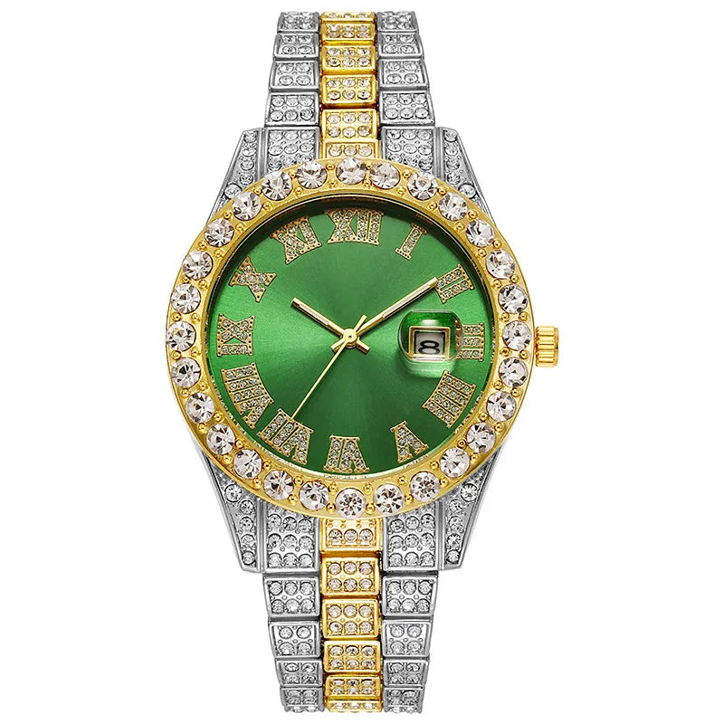 Men's Classic Golden Roman Rhinestone Quartz Watch | Steel Strap Calendar Fashion Wristwatch