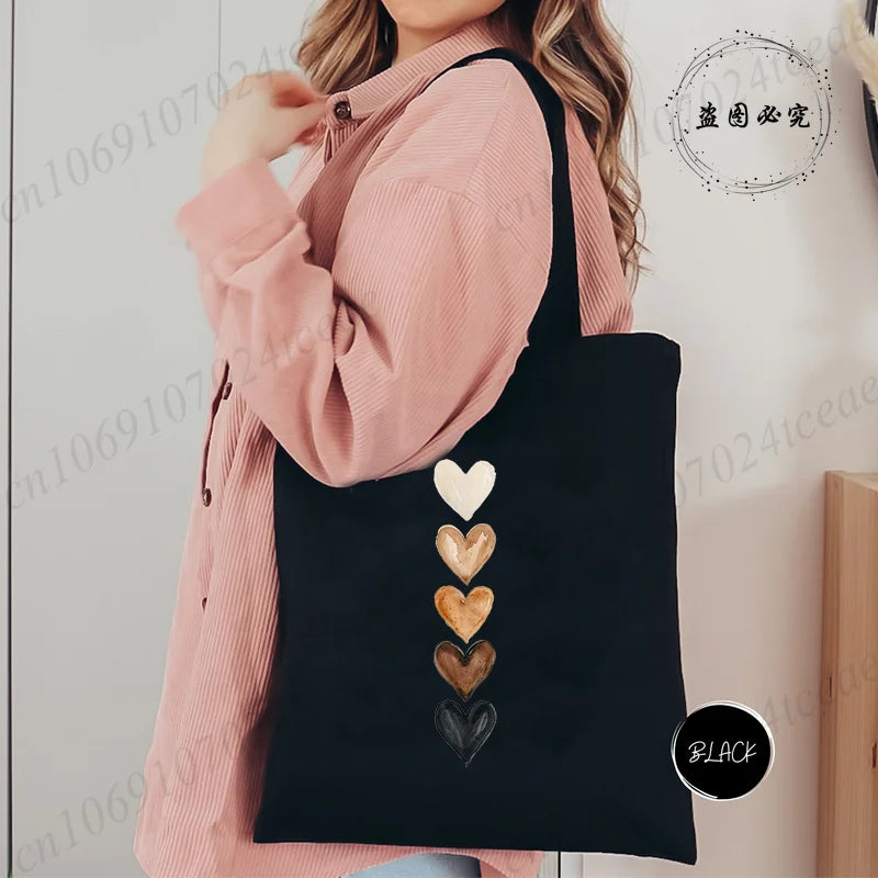 Large Capacity Canvas Shoulder Bag – Harajuku Watercolor Heart Print Shopper Tote