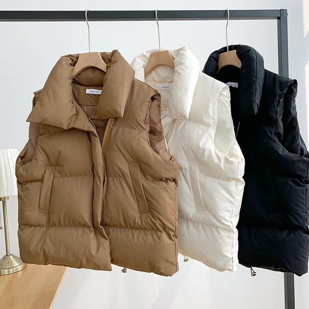 Women's Sleeveless Down Vest – Thick Zip-Up Adjustable Waist Winter Outerwear