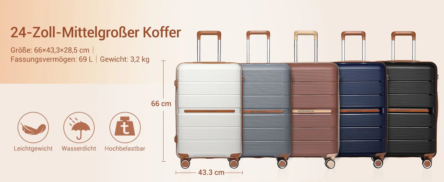 British Traveller 100% PP Hard Shell Luggage — 8 Spinner Wheels & TSA Lock
