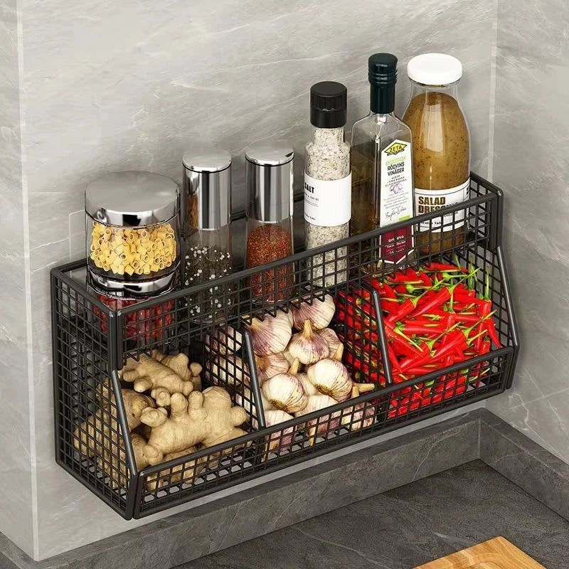 Screwless Wall-Mounted 3-Compartment Kitchen Storage Rack – Multi-Use Iron Organizer for Kitchen & Home