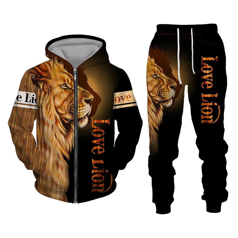 Men's 3D Lion Print Zip-Up Hoodie & Elastic Waist Pants Tracksuit Set