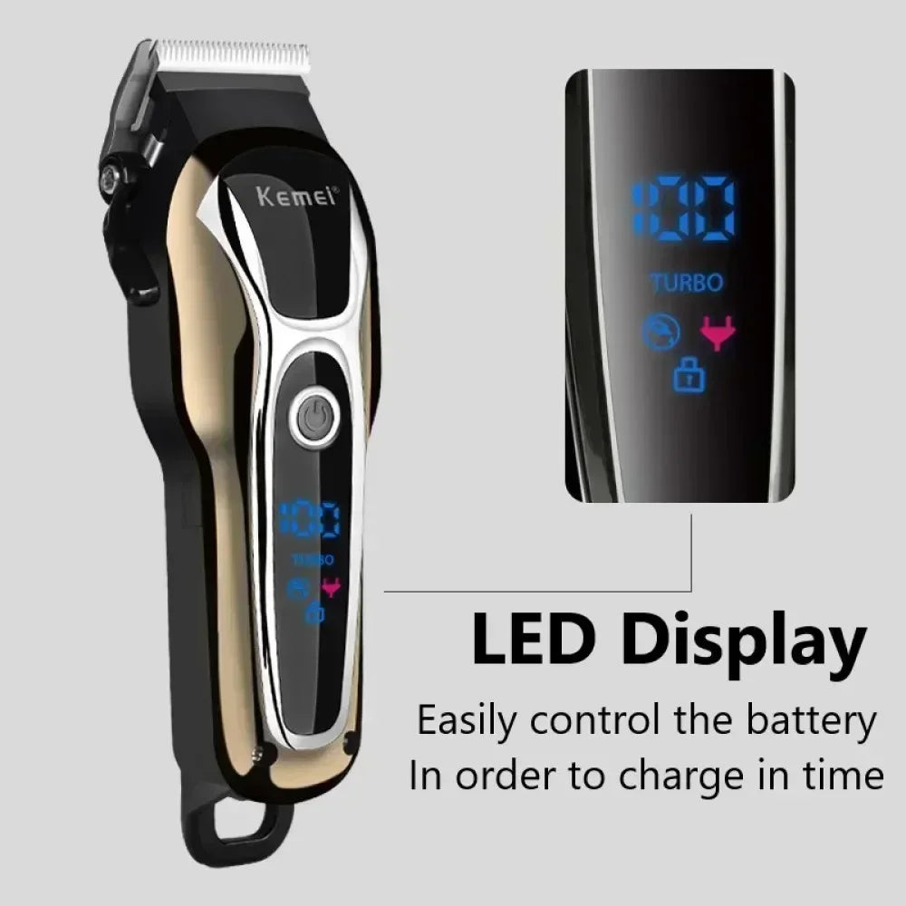 Kemei KM-1990 Professional Hair Clipper – LCD Display, 120-Min Battery, Almighty Grooming Set