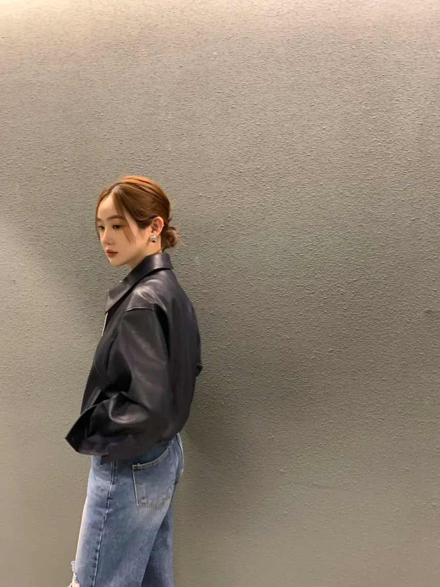 Women's Cropped Faux Leather Jacket – Lapel Zip Front