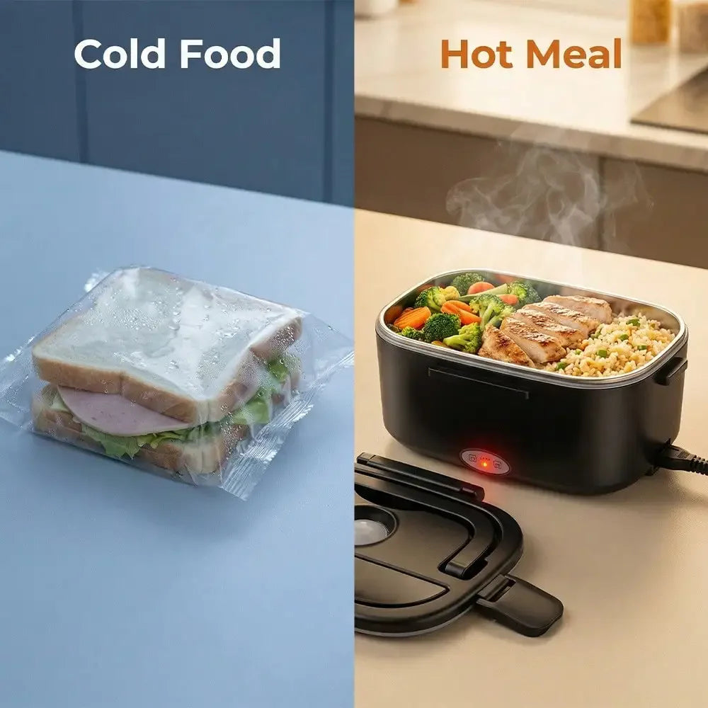 A split-screen demonstration of a black electric sandwich maker or hot food warmer. The left side, labeled 'Cold Food,' shows a sandwich wrapped in clear plastic inside the maker.