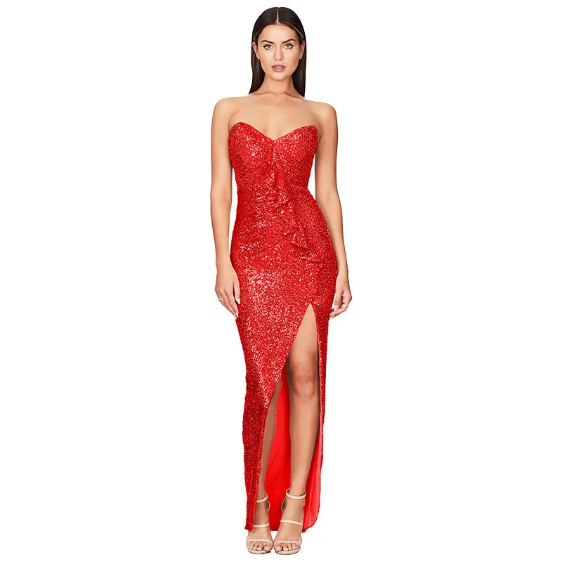 Strapless Sequin Slit Party Prom Dress — Elegant Evening Birthday Dress