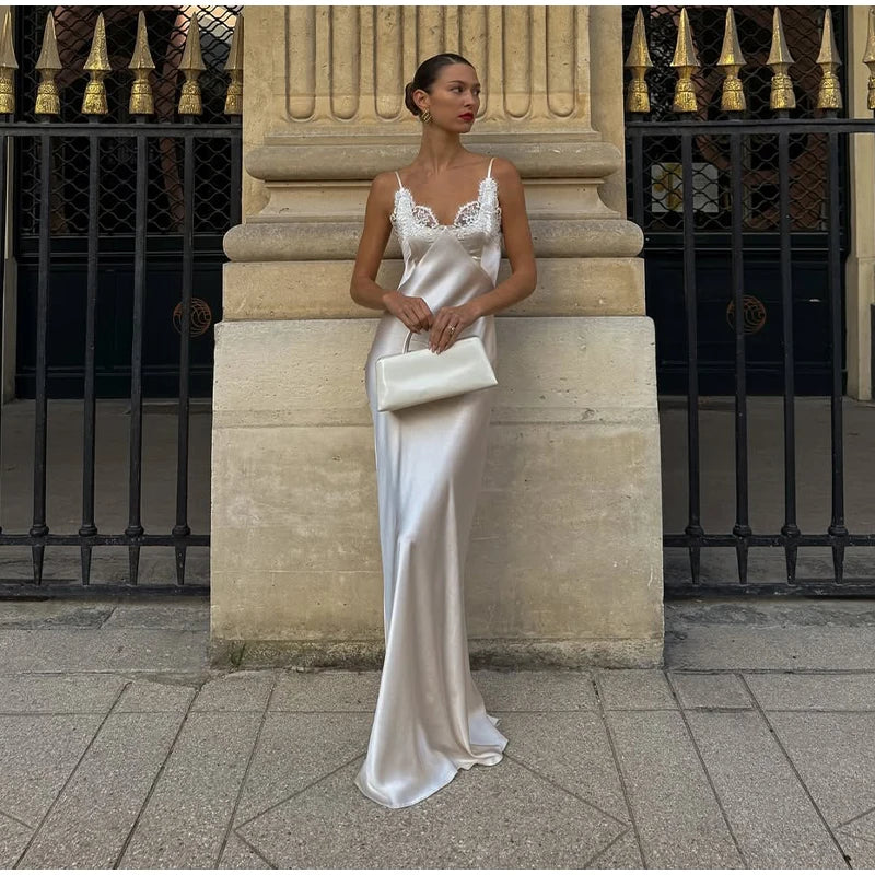 Lace Patchwork Satin Maxi Gown — V-Neck Sleeveless Backless Evening Dress
