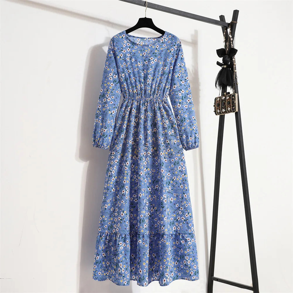 Women Long Dresses Spring Summer Casual Full Sleeve Floral geometry Printed O neck Woman Bohe Beach Party Dress Mujer Vestidos